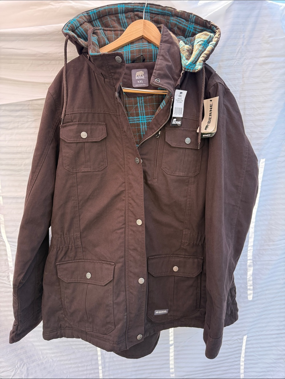 Berne Brown Hooded Work Jacket with Plaid Lining